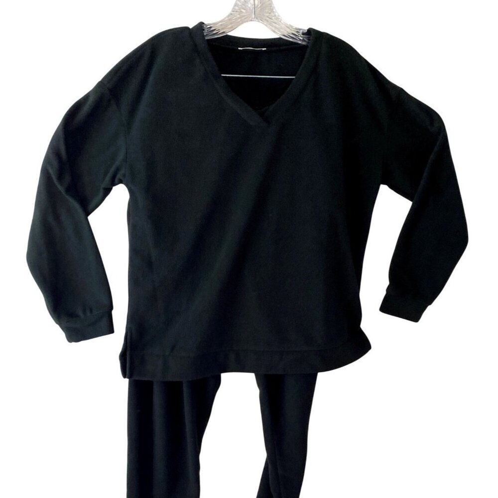 Women’s Black Velour Lounge Set EKOUER V Neck Top Pants Size M